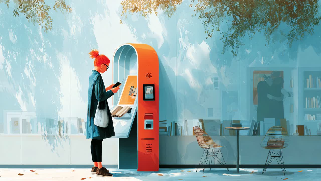A solitary figure interacts with a modern kiosk in a serene environment, highlighting the integration of technology in daily life and the juxtaposition of solitude and community
