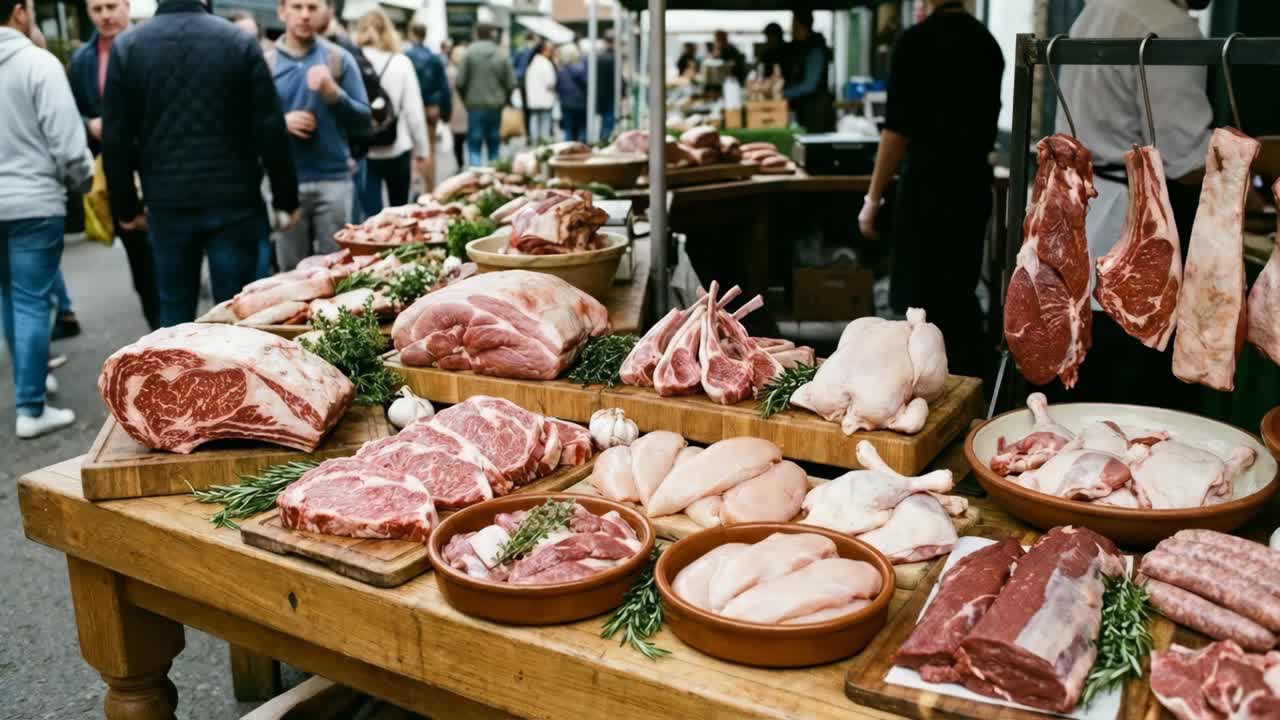 Fresh Meat Display at a Butcher's Market