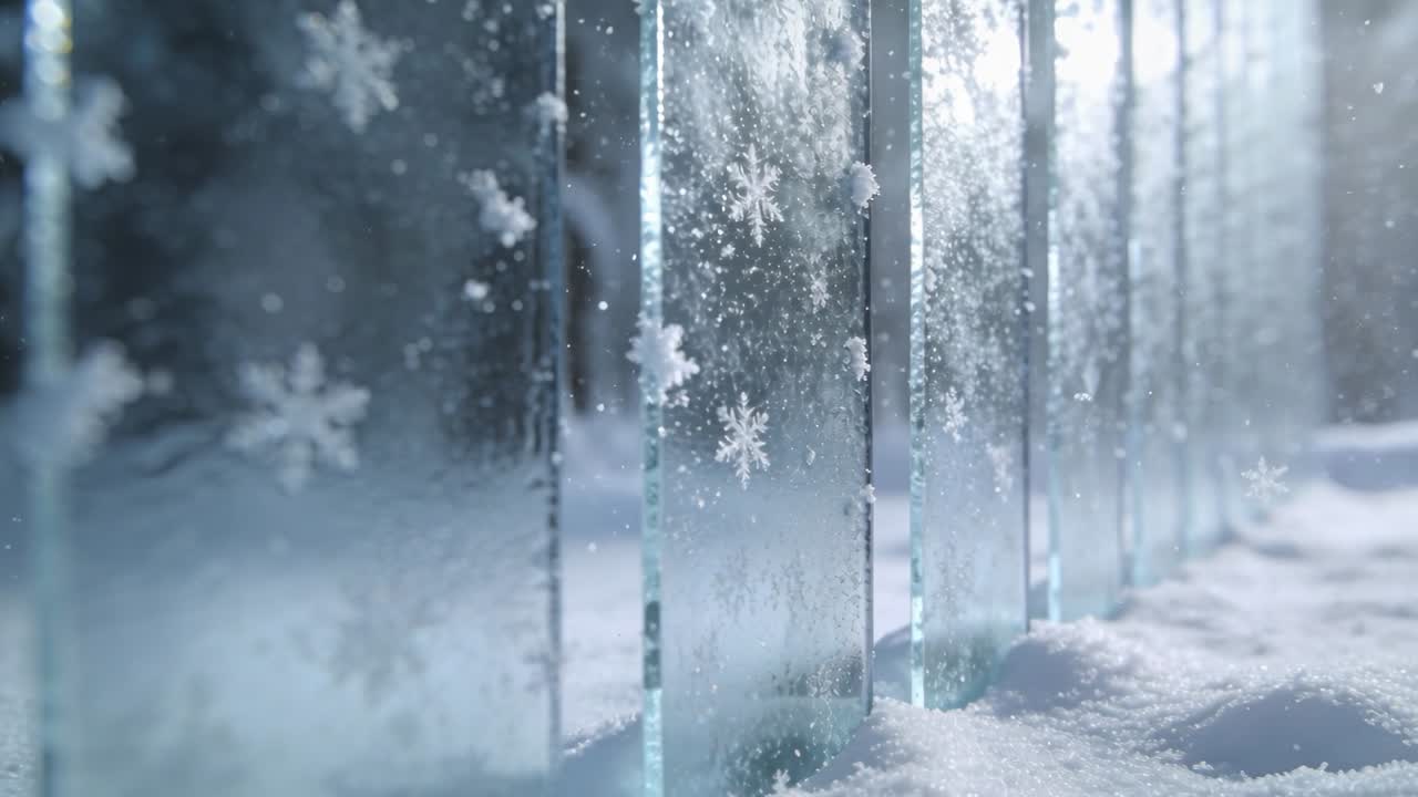 Una telecamera in movimento rivela una fila di pannelli di vetro in una radura innevata, catturando fiocchi di neve incisi.
