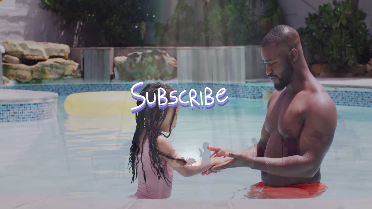Playing in pool, father and child enjoying animation with Subscribe text overlay