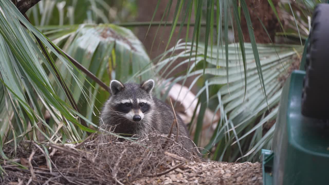 Racoon Looking Up from Eating Food
