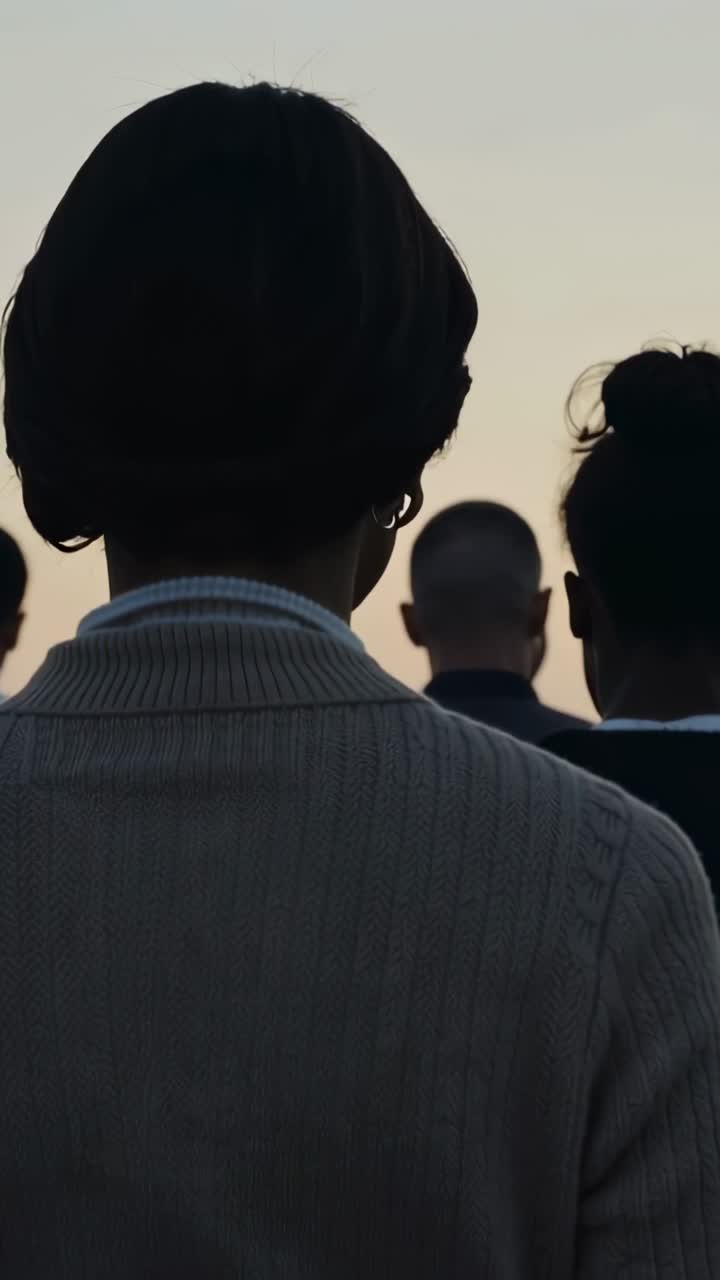 Video verticale: Donna di fronte, con maglione beige e colletto bianco, che osserva l'orizzonte all'alba, con la telecamera che esegue uno zoom.