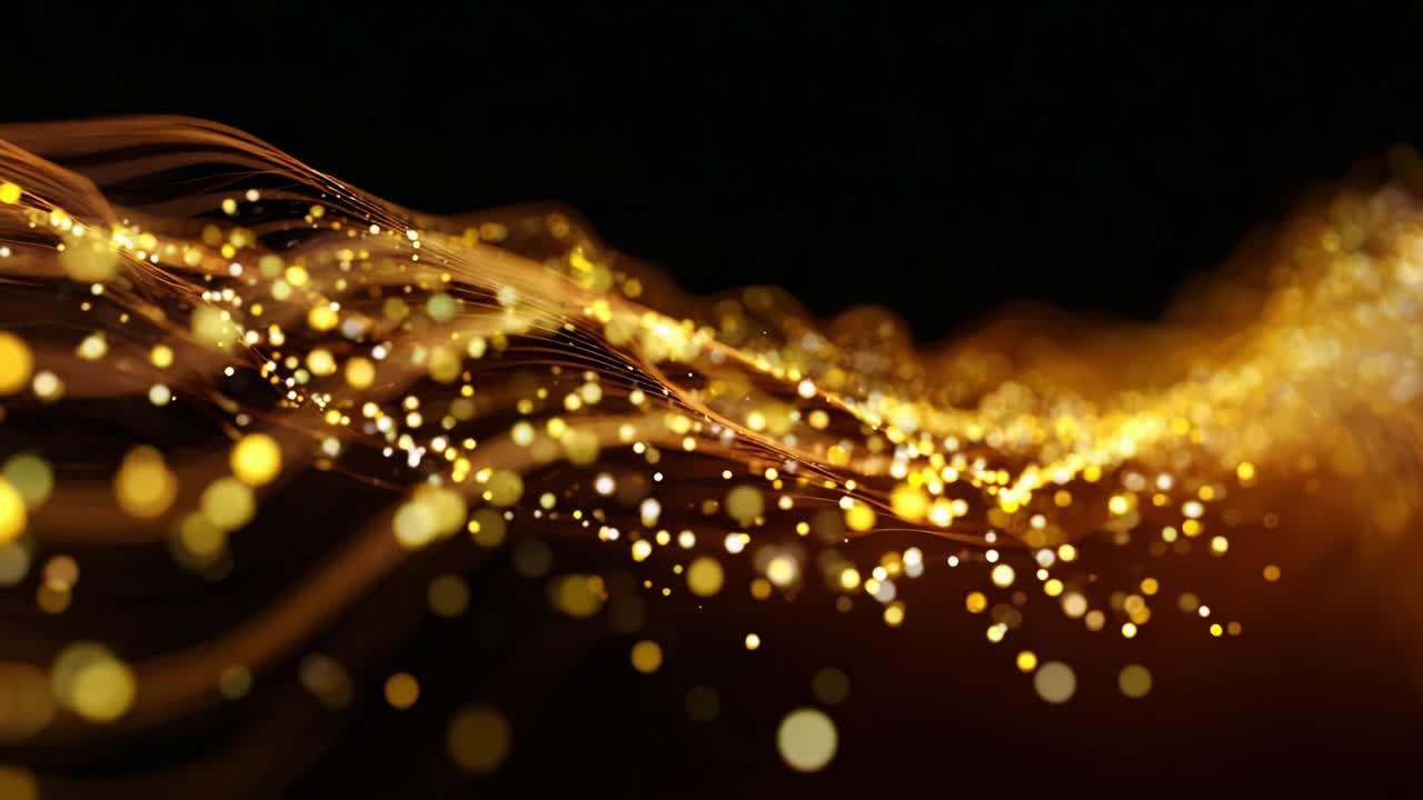 Captivating Golden Waves of Light: A Visual Exploration into the Dance of Illuminated Particles Against a Dark Background, Highlighting the Interplay of Color and Motion in a Hypnotic Flow