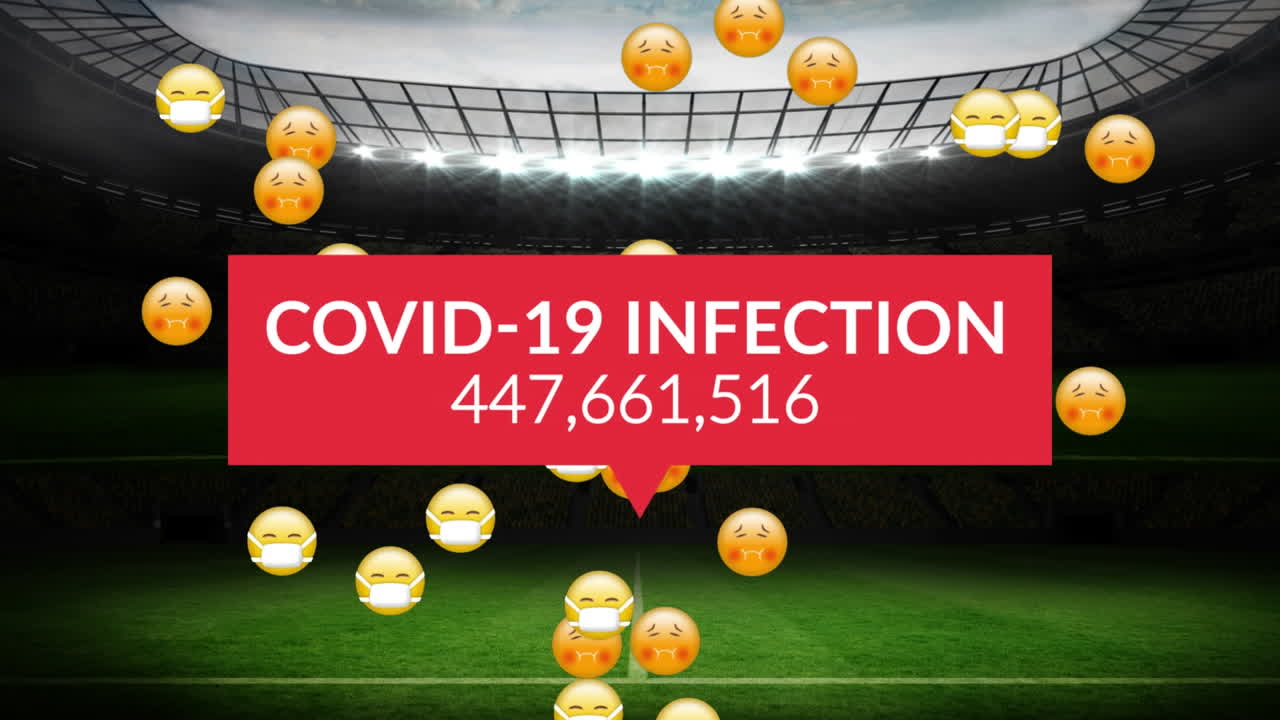 얼굴 마스크에 이모티콘의 애니메이션과 스포츠 경기장에서 코로나 감염자 수가 증가하고 있습니다.