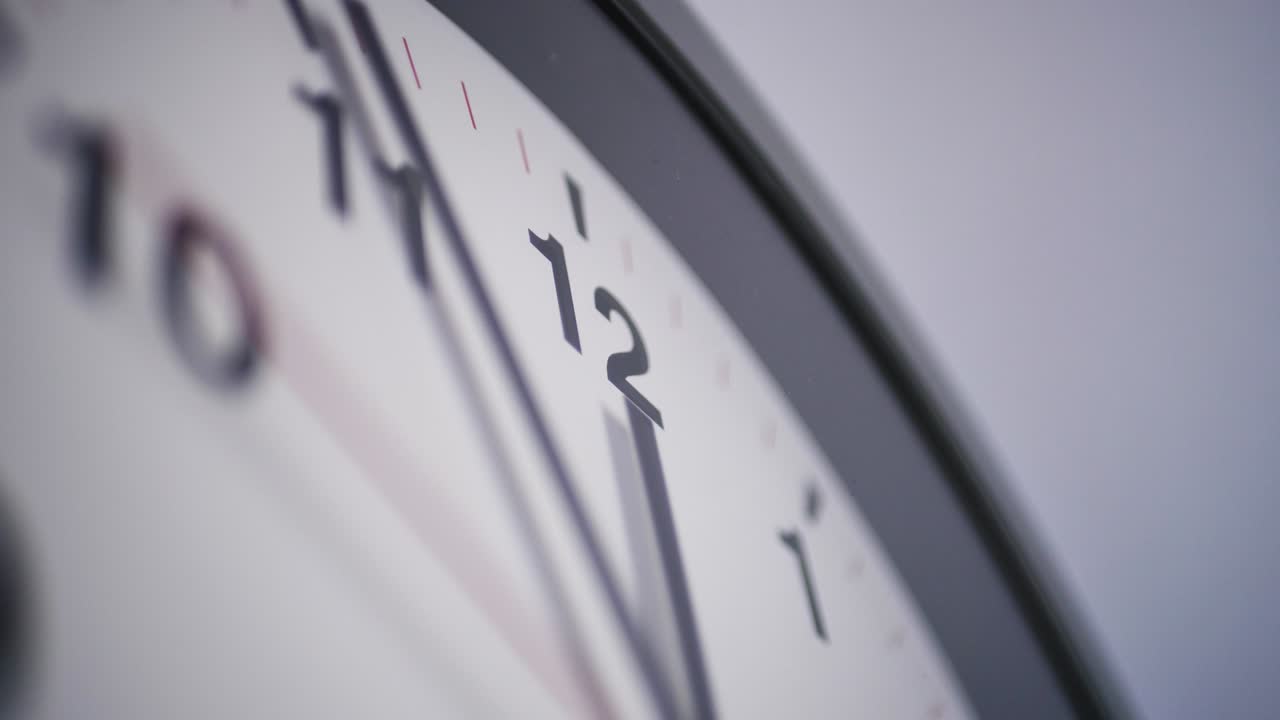 Close up of a ticking clock on white background, pointing five minutes to midnight