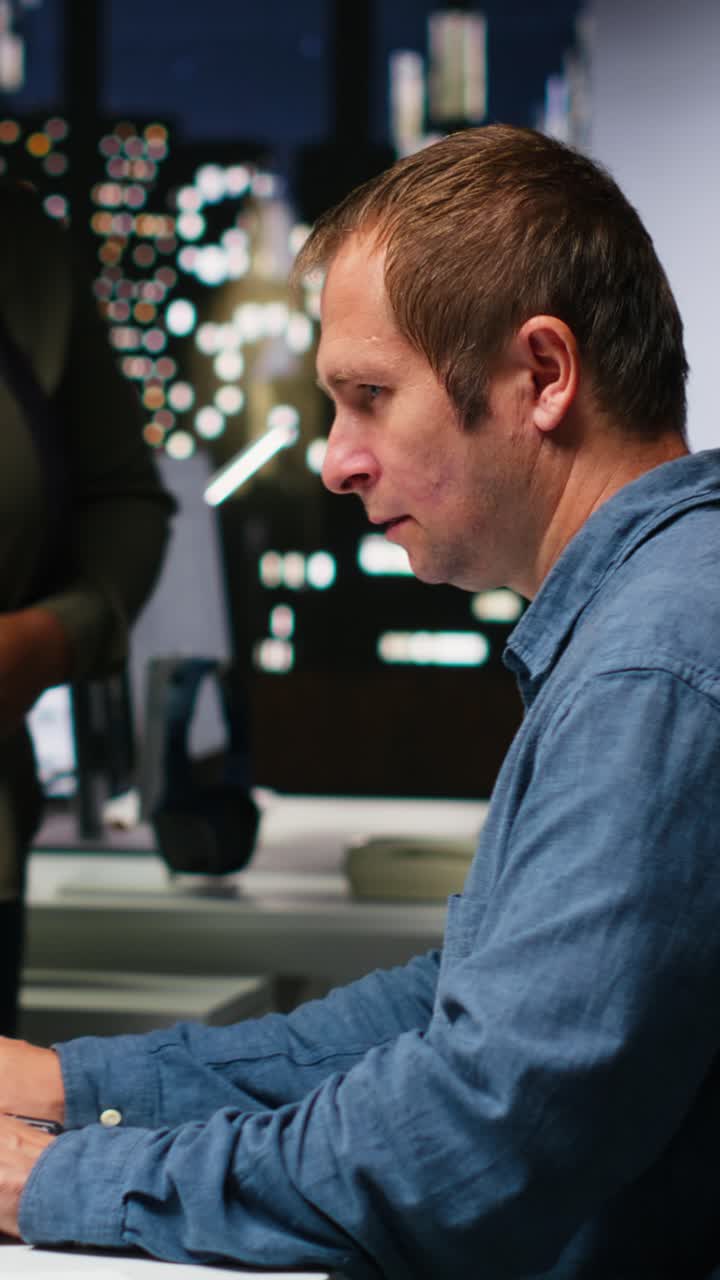 Vertical Video Diverse engineers team creates 3D render of apartment interior