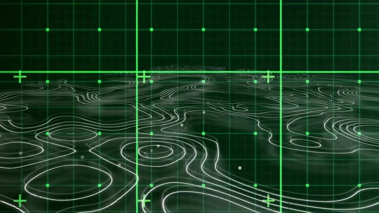 On startup grid pulsing nodes as scrolling contours looping showing plus markers drifting particles