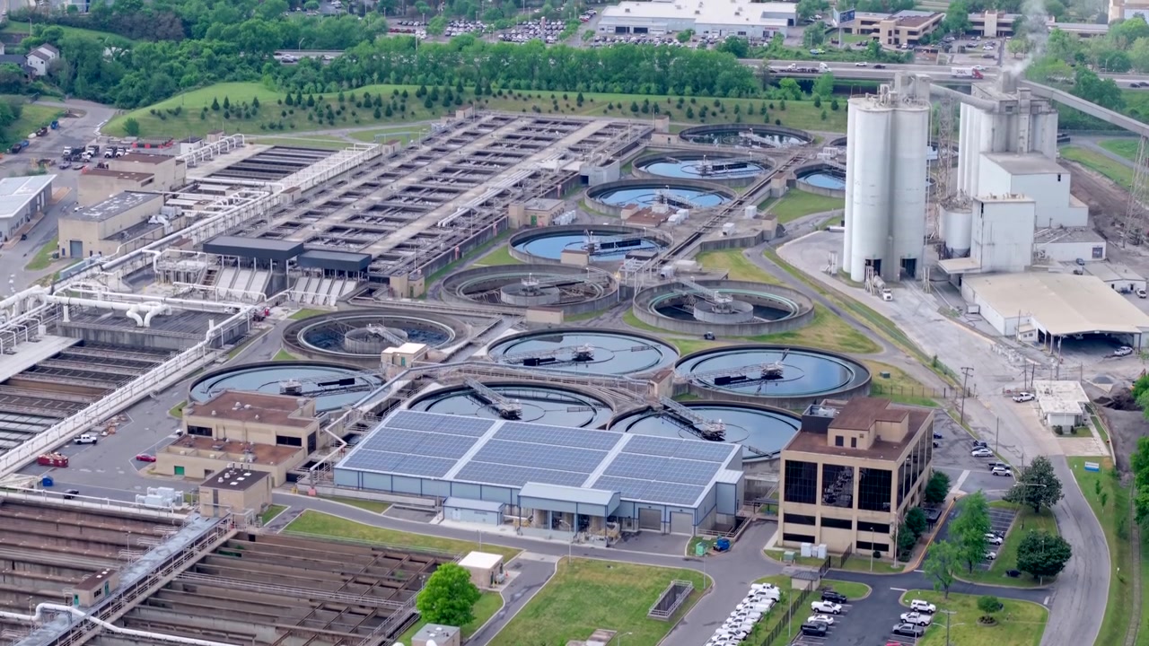 Overhead perspective showcasing the extensive infrastructure of Nashville's Metro Water Services Central Water Reclamation Facility.