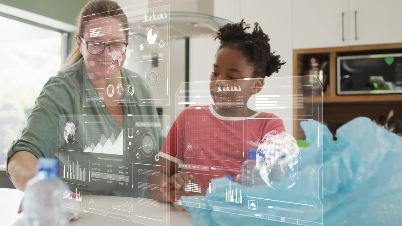 Adult reaching and handing craft at kitchen, teaching child with edtech charts guiding high-five