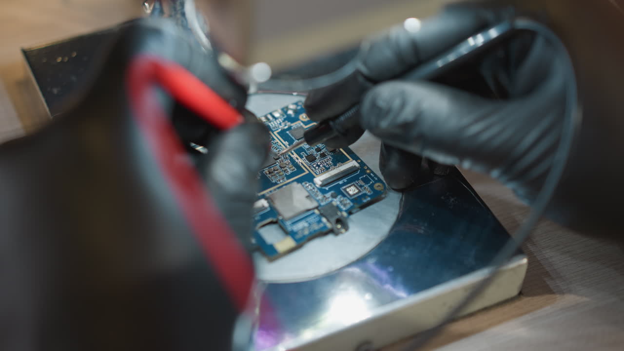 A close-up view of a technician's hand in a black glove using a voltmeter wire to test a circuit under a microscope
