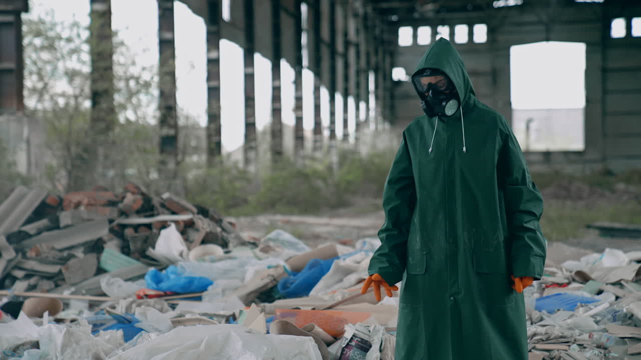 Apocalyptic concept architecture. Man in radioactive suit in abandoned city.