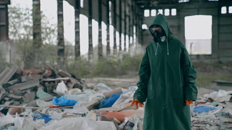 apocalyptic concept architecture. man in radioactive suit in abandoned city.