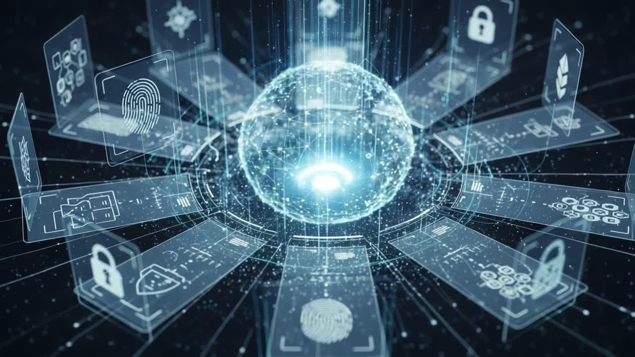 An Intricate Network of Digital Security Symbols Surrounding a Glowing Sphere: Emphasizing the Interconnectedness of Technology, Data Privacy, and Cybersecurity Solutions