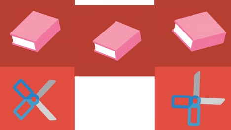 Animation-of-red-rectangles-with-scissors-and-pink-books-moving-on-white-background