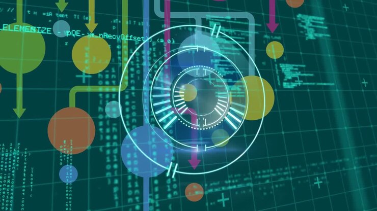 Digital animation of neon round scanner and data processing against green background