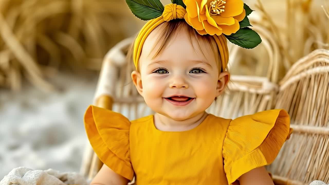 A baby girl wearing a yellow dress and a yellow flower headband