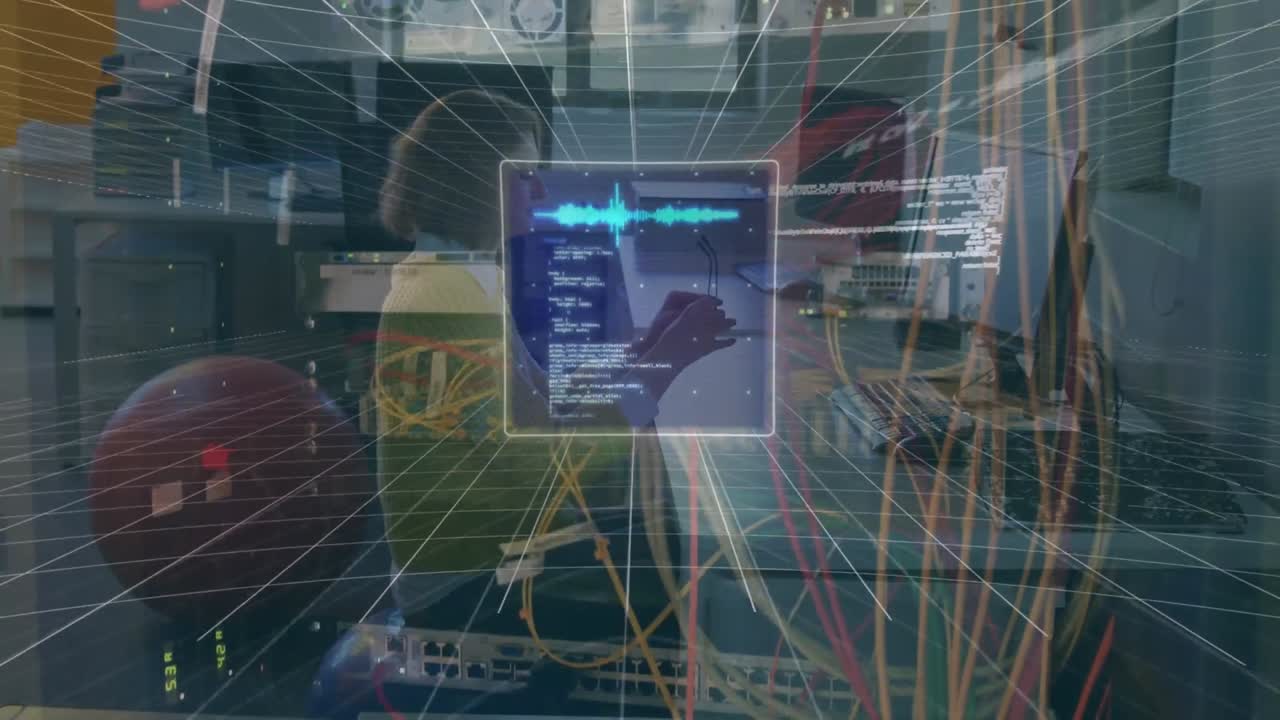 Animation of data processing over caucasian businesswoman using computer