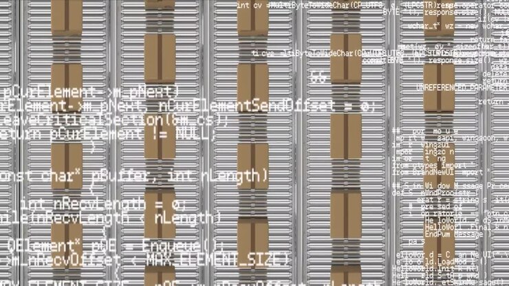 Animation of data processing over cardboard boxes on conveyor belts