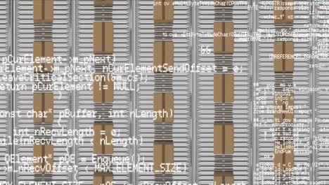 Animation of data processing over cardboard boxes on conveyor belts