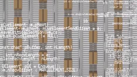 animation of data processing over cardboard boxes on conveyor belts