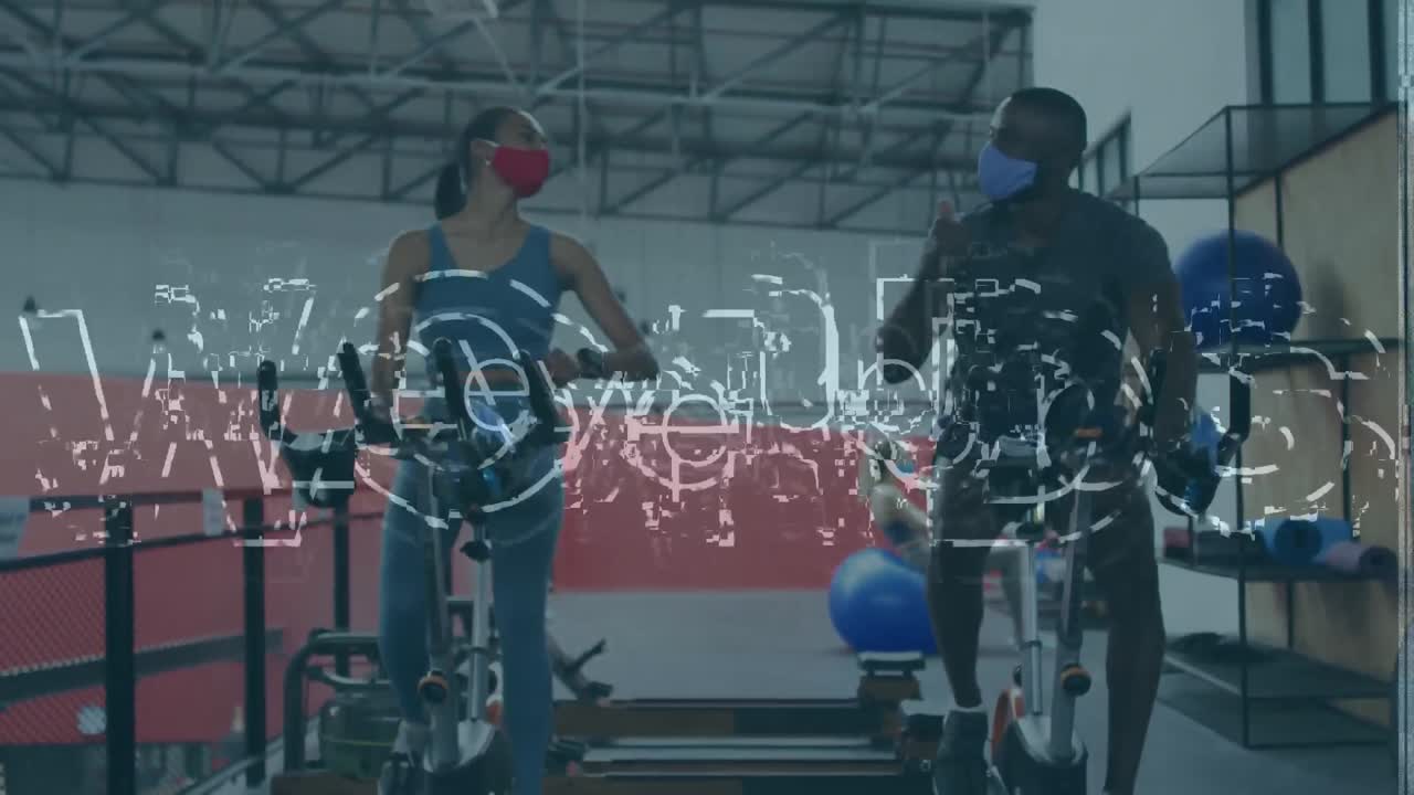 체육관 에서 스테이션 자전거 를 타고 운동 하는 동안 팔꿈치 를 만지는 남자 와 여자 를 반대 하는 글자