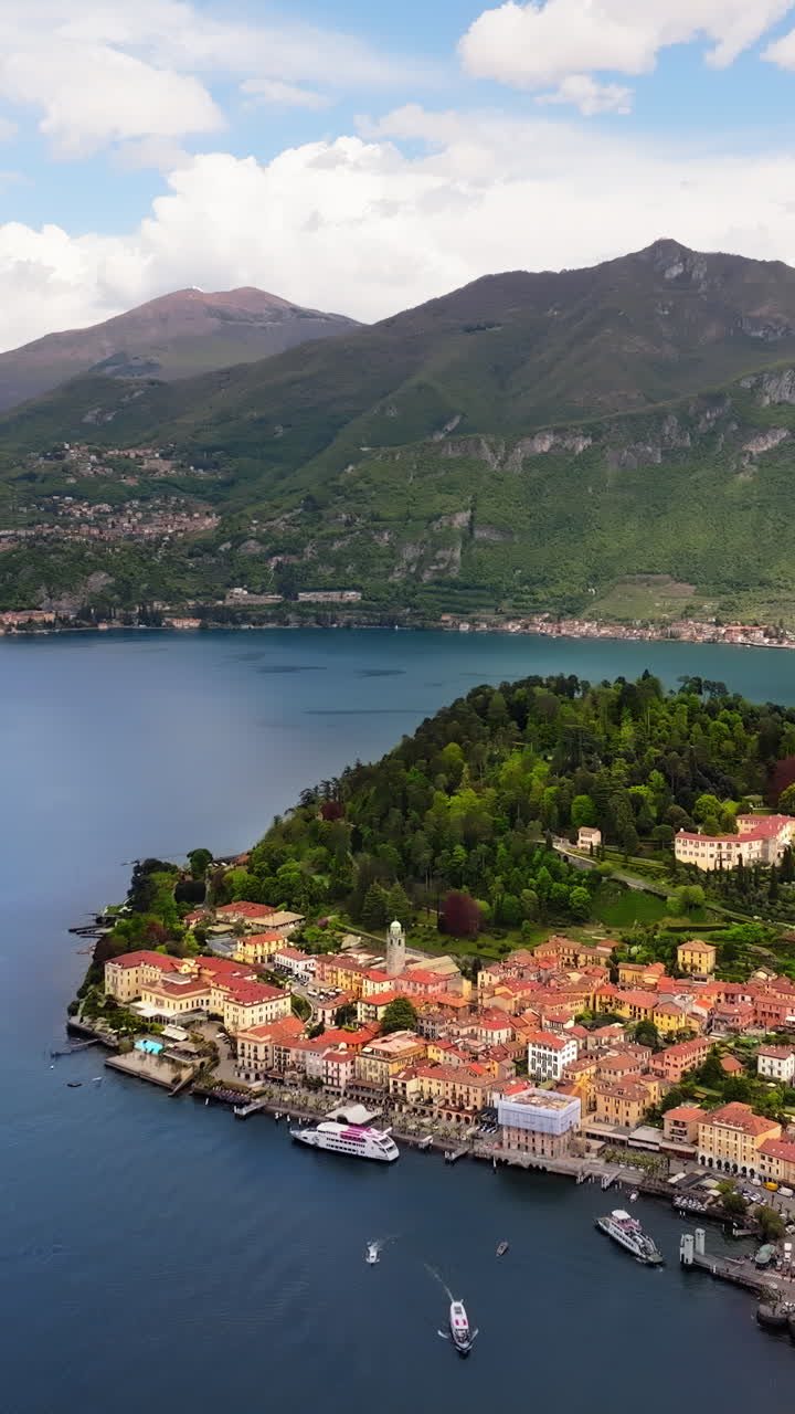 Aerial drone view of the village Bellagio near Lake Como, Italy. Vertical