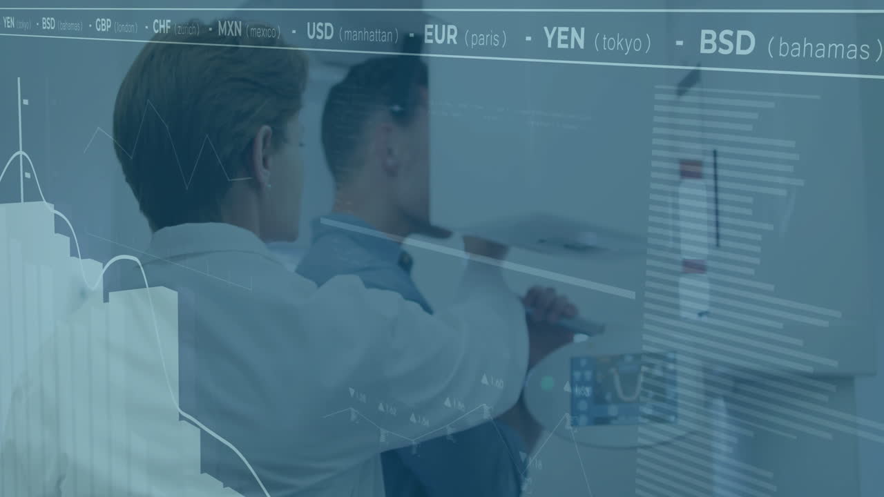 Currency exchange rates overlaying business professionals discussing financial data in office