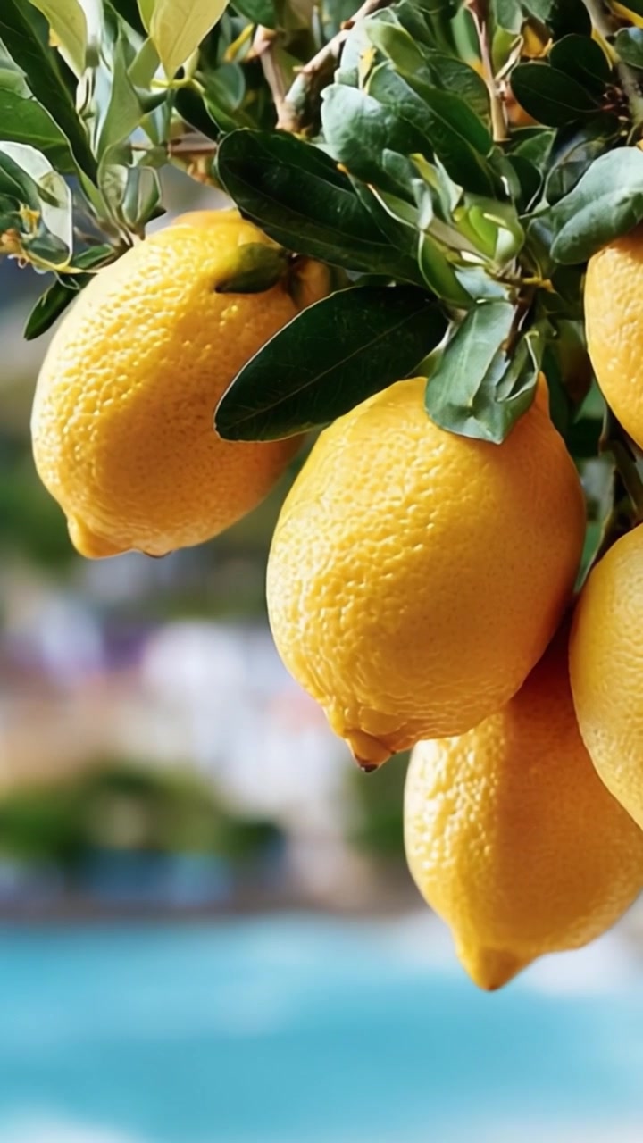 Una vista ravvicinata di limoni appena maturati appesi a un lussureggiante ramo verde su un bellissimo sfondo naturale