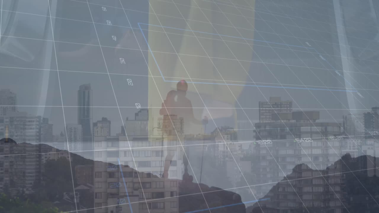 Animazione di grafici finanziari e dati su uomo in montagna