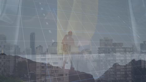 animación de gráficos financieros y datos sobre el hombre en las montañas