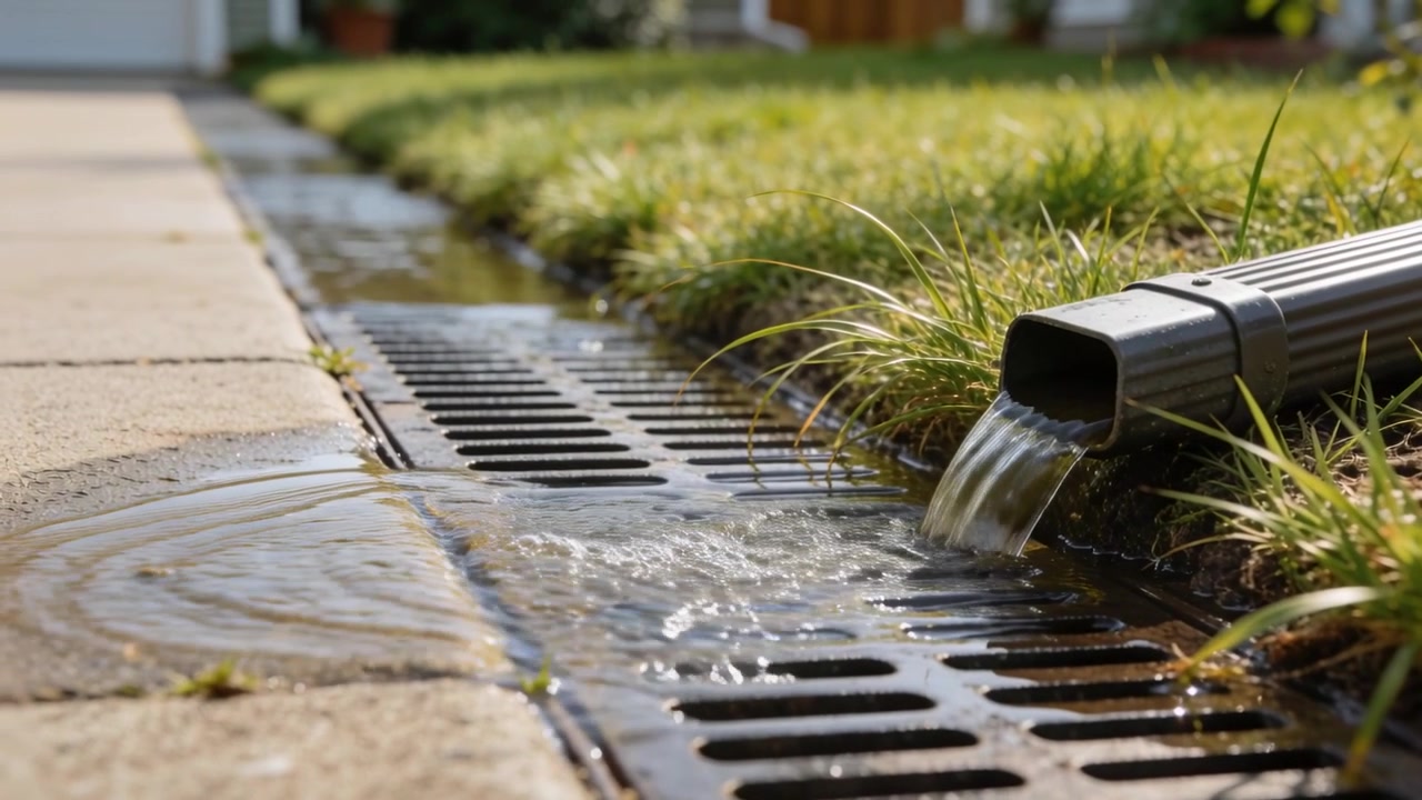 Une descente pluviale métallique déversant un jet dans une grille de drain pluvial au niveau du trottoir, drainant les eaux de ruissellement, des ondulations.