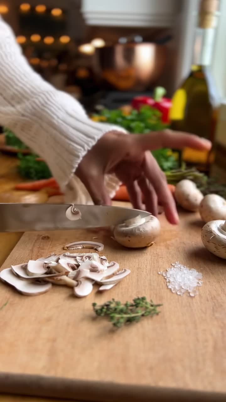 Vídeo em close-up de cogumelos sendo fatiados em uma tábua de madeira, exibindo um ambiente aconchegante de cozinha