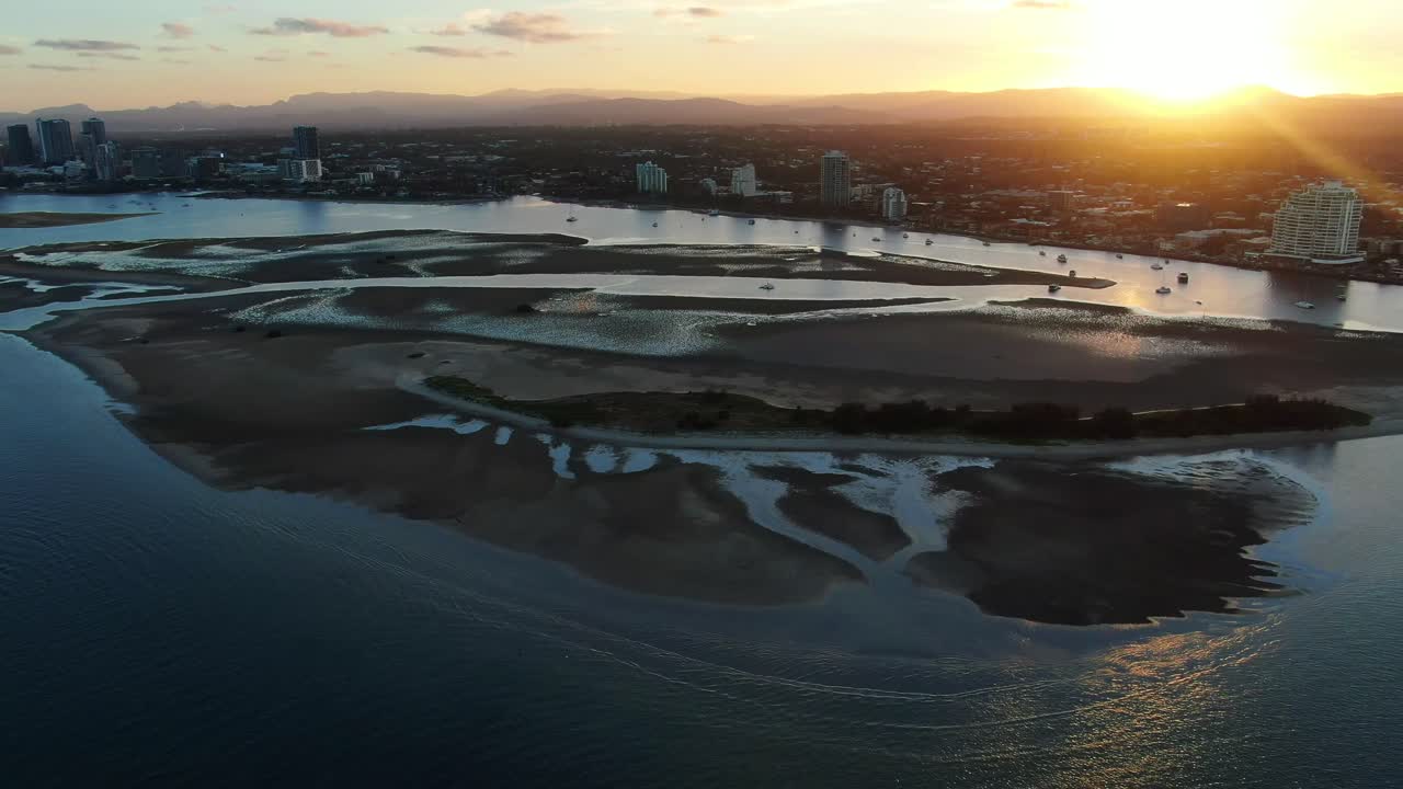 Gold Coast  waterways , low tide , sandbar at sunset,Drone, Sideways