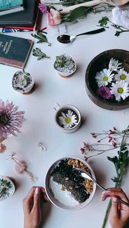 healthy yogurt parfait with fresh flowers