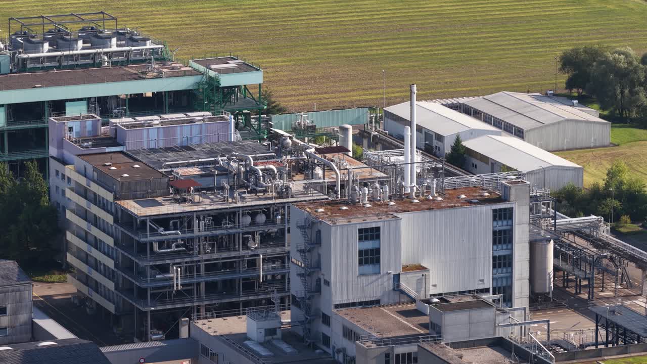 Nutritional production facility. production site and development center in Sisseln, Switzerland. Aerial drone video