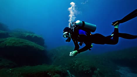 scuba diver exploring underwater rocks and algae