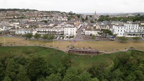 Aerial-panning-shot-of-beautiful-historic-city-named-Torquay