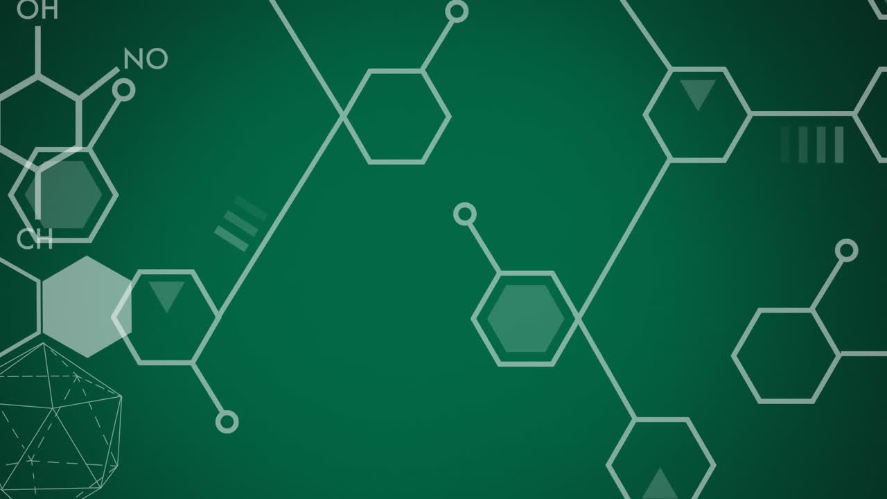 Animation of chemical structures and shapes on green background