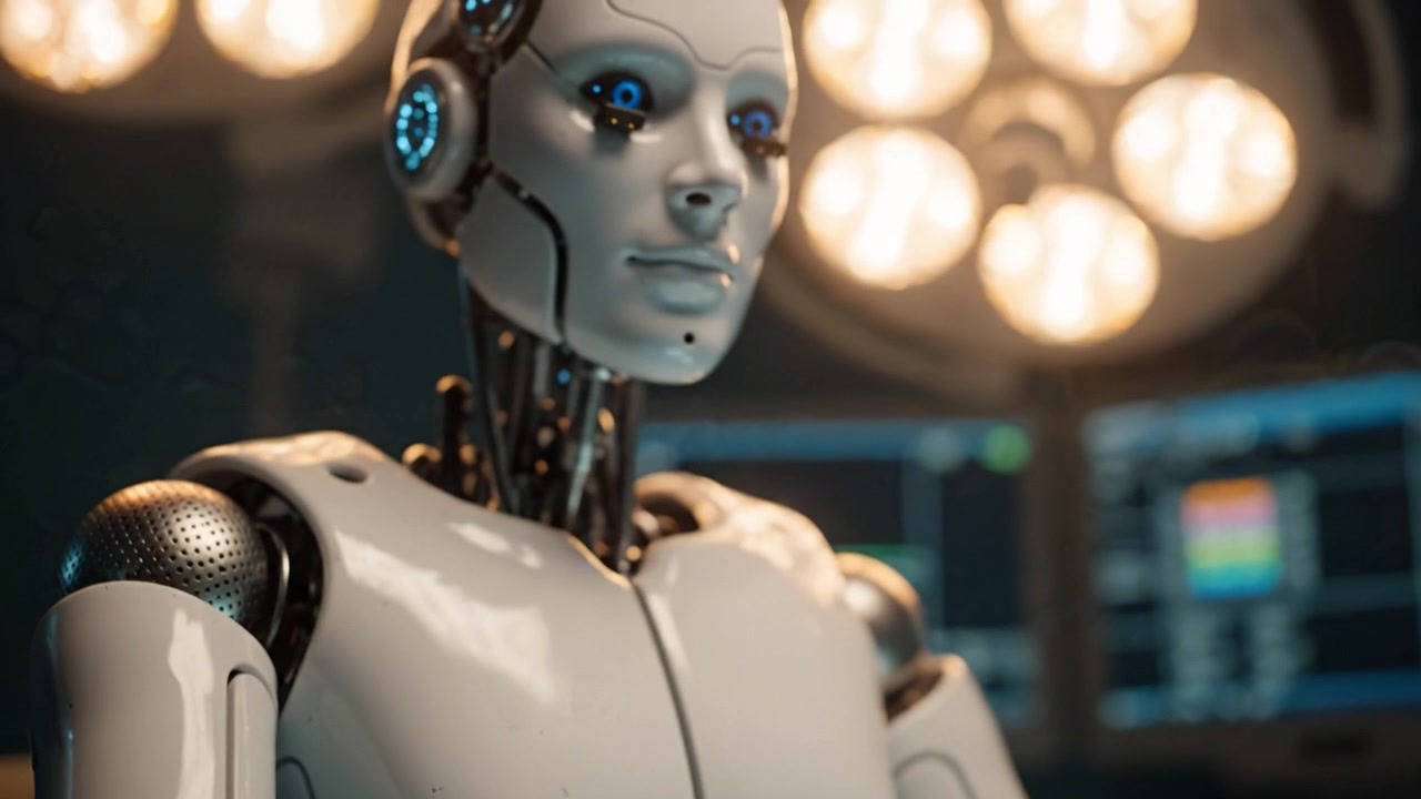 Robot chirurgico avanzato che si prepara per un'operazione con strumenti di precisione, mostrando la tecnologia moderna nell'assistenza sanitaria e le future innovazioni mediche.
