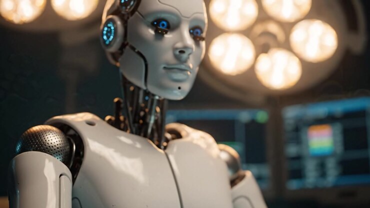 Robot chirurgico avanzato che si prepara per un'operazione con strumenti di precisione, mostrando la tecnologia moderna nell'assistenza sanitaria e le future innovazioni mediche.