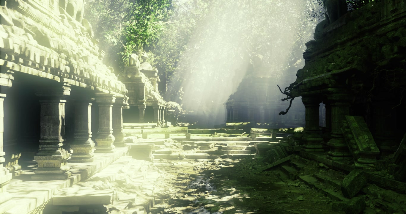Surreal mystical temple scene with radiant light and ancient symbols