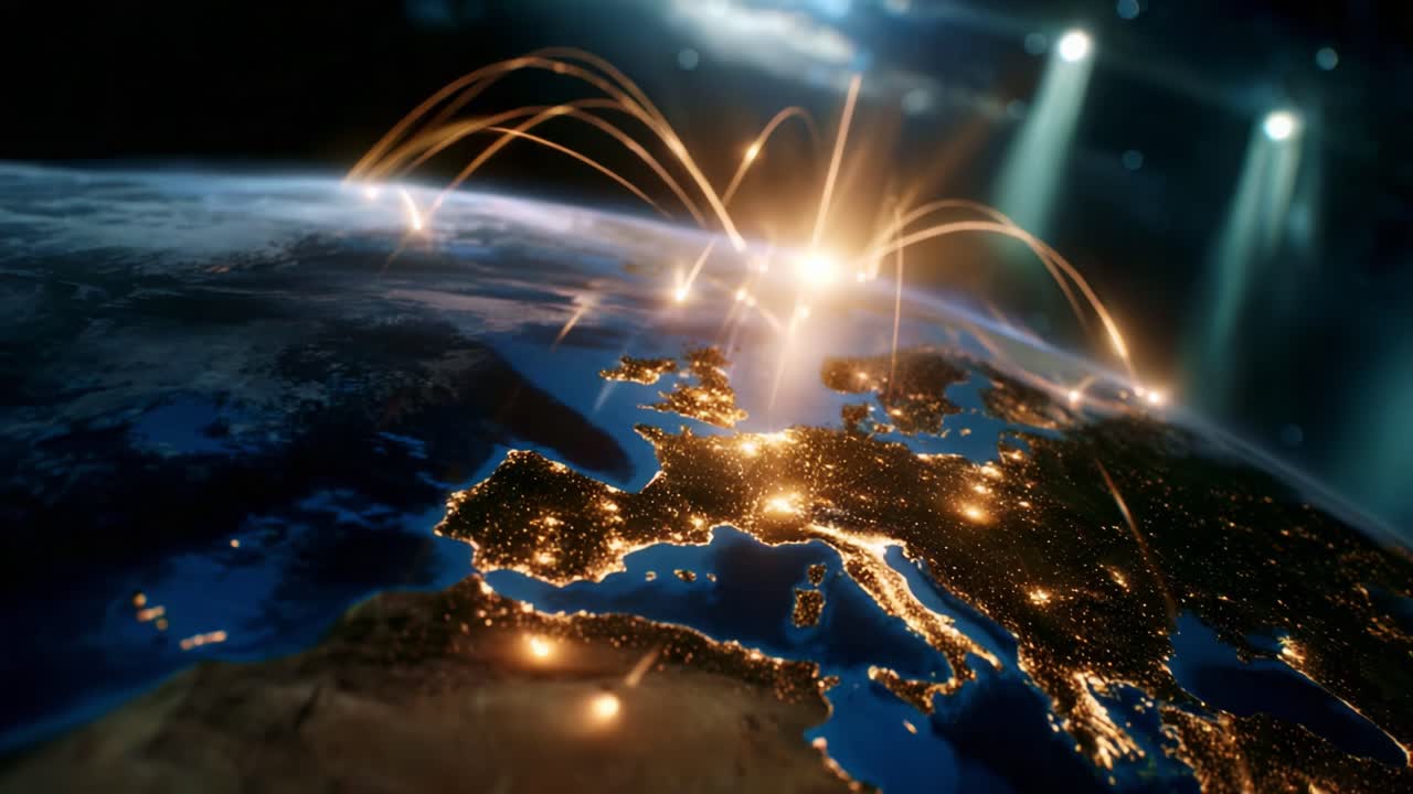 A captivating visualization of interconnectedness across continents, showcasing bright lights over Europe amidst a beautiful global backdrop, highlighting international connections and data flow