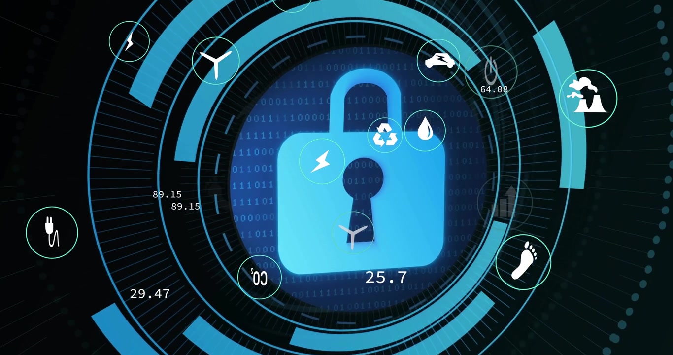 Launching icons orbiting lock with spinning rings and updating metrics for security visualization