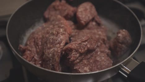 carne picada cruda con cebollas de primavera cocinadas en una sartén a cámara lenta