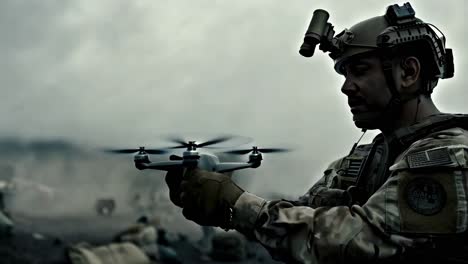 military personnel observing drone in action