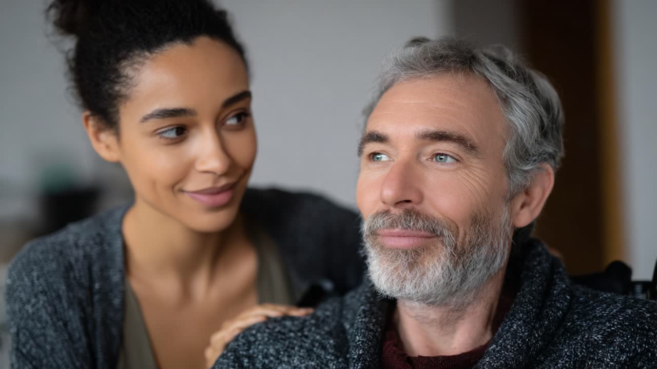 Een betekenisvol moment gedeeld tussen een jonge vrouw en een oudere man, met oprechte emotie, zorg en verbondenheid in een intieme en gezellige omgeving