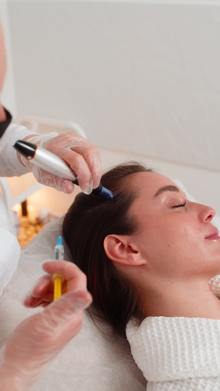 tricólogo haciendo procedimiento de regeneración del cabello de la mujer dermapen microneedling inyecciones de vitaminas