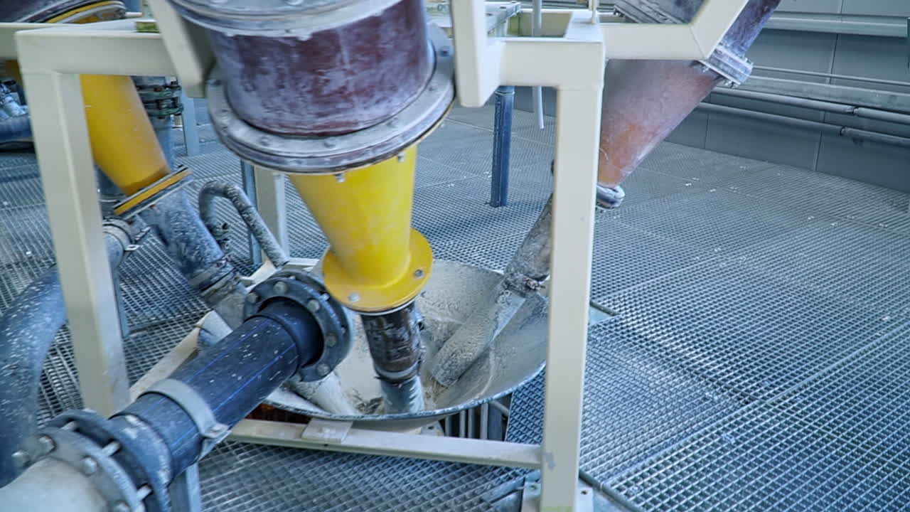 Three pipes issuing the water with dissolved white kaolin. Thick tubes splashed with white clay. Close up.