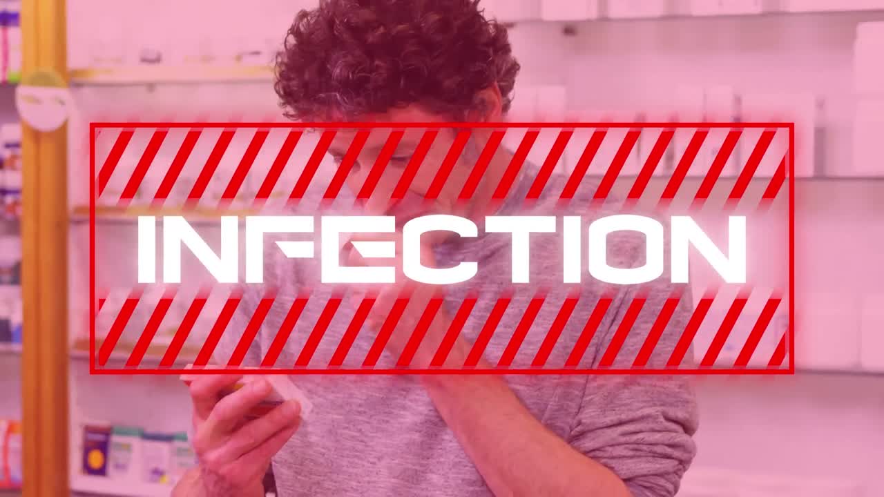 la parola "infezione" scritta sopra l'uomo malato sullo sfondo del coronavirus covid-19.