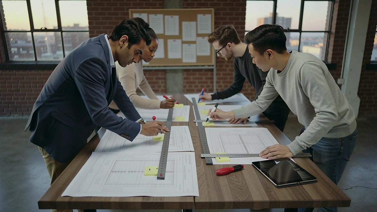Kicking off review, four designers in suit, sweaters aligning metal ruler and marking plans at loft